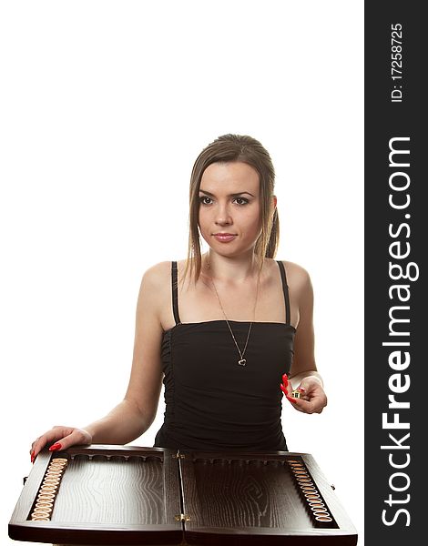 Woman play backgammon