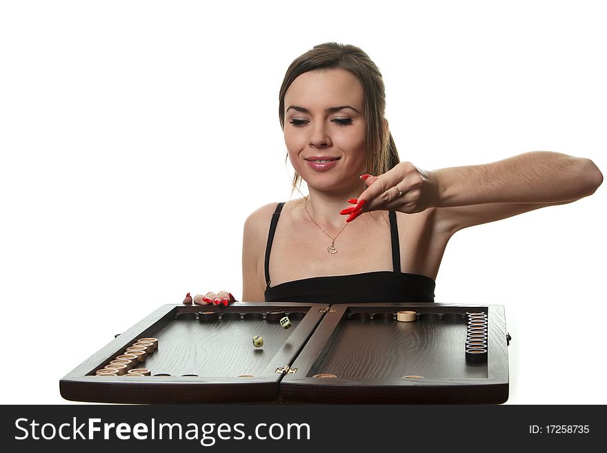 Woman play backgammon