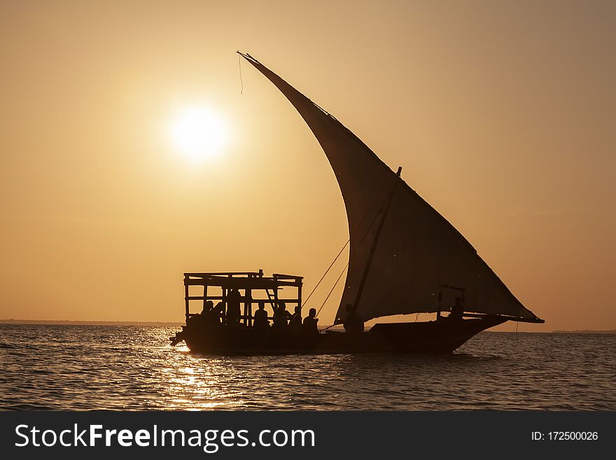 Dhow on the sea at Zanzibar at dusk