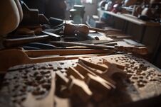 Workshop Of Professional Tar Master Artisan Detailed Work On Wood Violin In A Workshop. Azerbaijan Traditional Royalty Free Stock Images