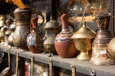 Bronze And Copper Handcrafted Cookware In Street Shop. Shaki, Azerbaijan Stock Image
