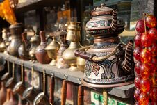Bronze And Copper Handcrafted Cookware In Street Shop. Shaki, Azerbaijan Stock Photography