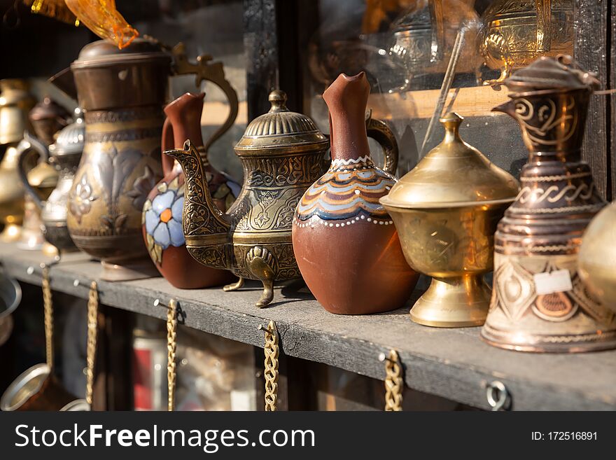 Bronze And Copper Handcrafted Cookware In Street Shop. Shaki, Azerbaijan