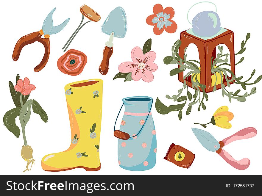 Spring Gardening Set. Tools and decorations for the garden.Gardening equipment. Isolated illustration on white background. Farm