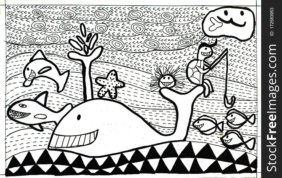 Happy Sea Animal Comcept Happy Life  Happy Ocean Wild Life Doodle Style