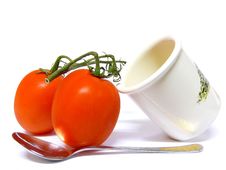 Tomatoes, Pot And Spoon Stock Photography