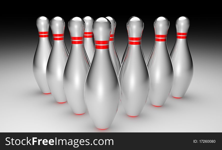 3d bowling pins with red strip on black background. 3d bowling pins with red strip on black background