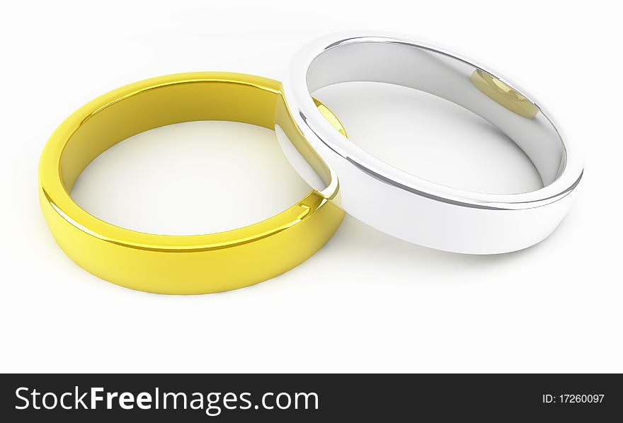 Gold and platinum wedding rings on a white background