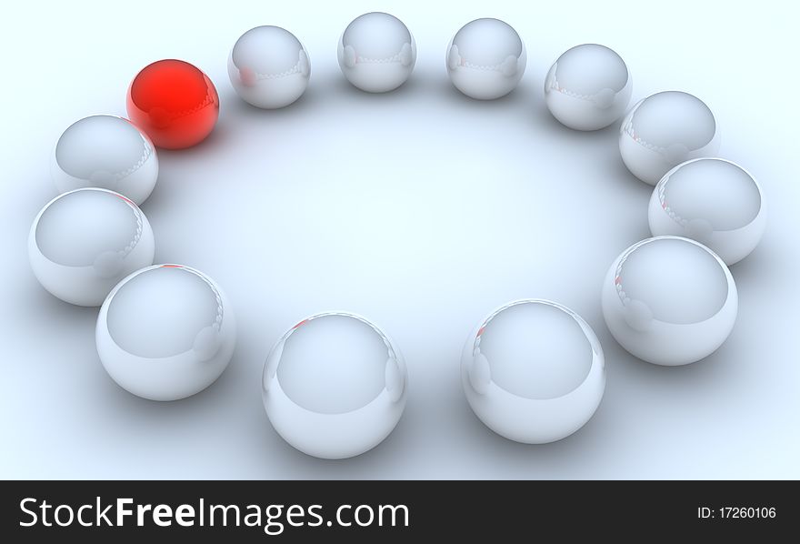 Unique red sphere among the white background. Unique red sphere among the white background