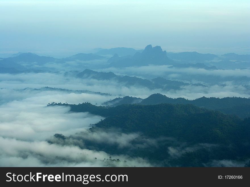 Sea of fog on the piling-up mountains seen here are view from Khao white elephant, Thong Pha Phum National Park, Kanchanaburi Province, Thailand