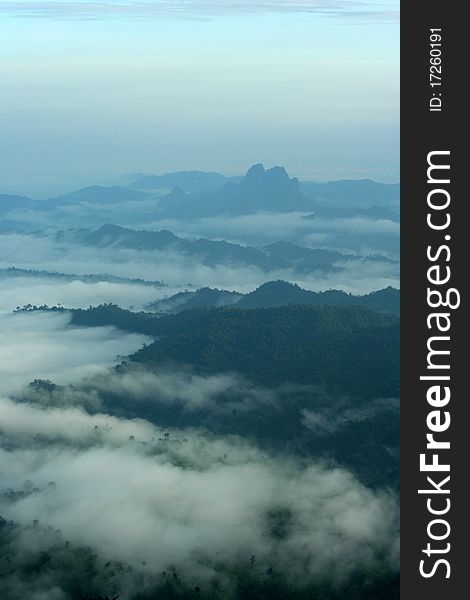 Sea of fog on the piling-up mountains seen here are view from Khao white elephant, Thong Pha Phum National Park, Kanchanaburi Province, Thailand