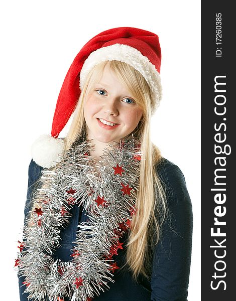 A beautiful young blonde in a Santa hat on a white background