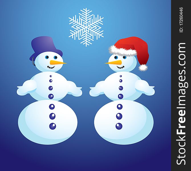 Snowman and a snowflake on a blue background, .