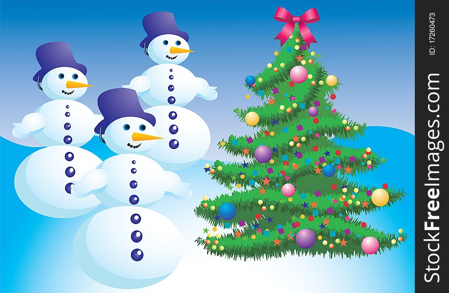 Christmas tree and snowman on a blue background, . Christmas tree and snowman on a blue background, .