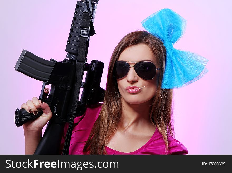 Attractive And Sexy Spy Woman With Assault Rifle