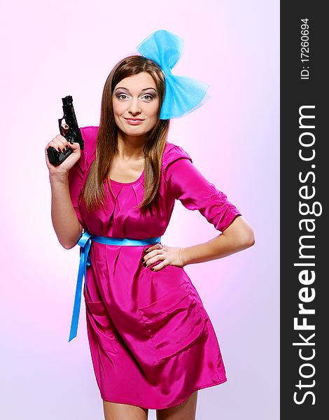 Attractive and spy woman with assault rifle on white background. Attractive and spy woman with assault rifle on white background