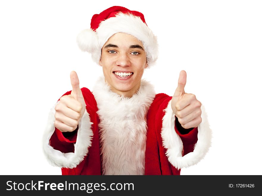 Male santa claus teenager shows both thumbs up. Isolated on white background.