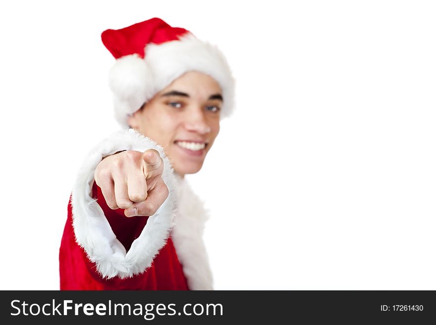 Teenager Dressed As Santa Claus Points With Finger