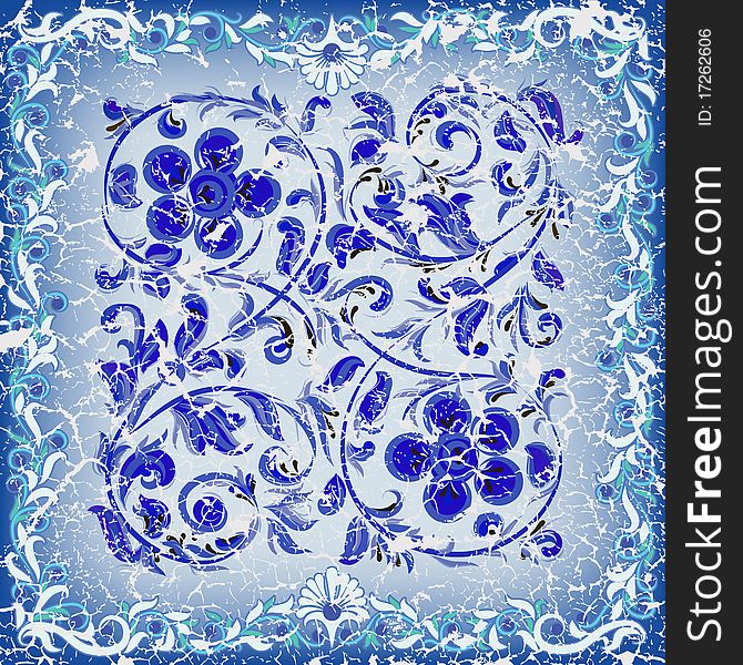 Abstract cracked blue background with floral ornament