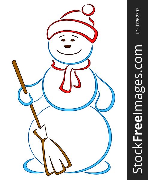 Snowball in a cap with a broom with smiling face, openwork picture, isolated
