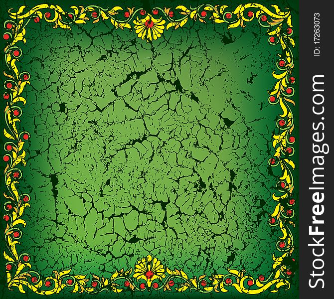 Abstract cracked floral ornament on green background