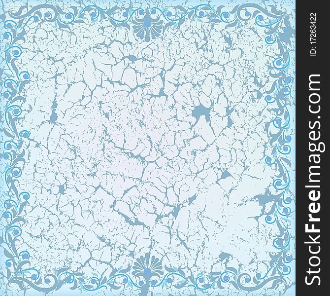 Abstract cracked white background with blue floral ornament