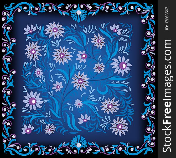 Abstract dark background with blue floral ornament