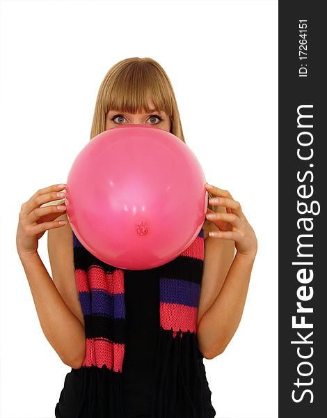 Blond beautiful girl holding pink balloon. Blond beautiful girl holding pink balloon