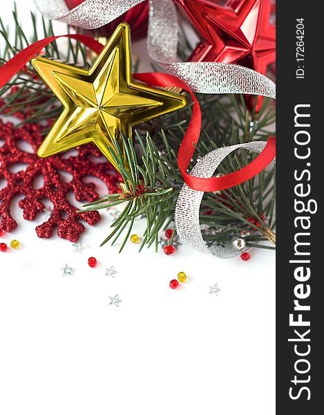 Bright christmas composition with ribbons, red and golden stars, snowflake and xmas tree on the white background. Isolated. Space for text. Bright christmas composition with ribbons, red and golden stars, snowflake and xmas tree on the white background. Isolated. Space for text.