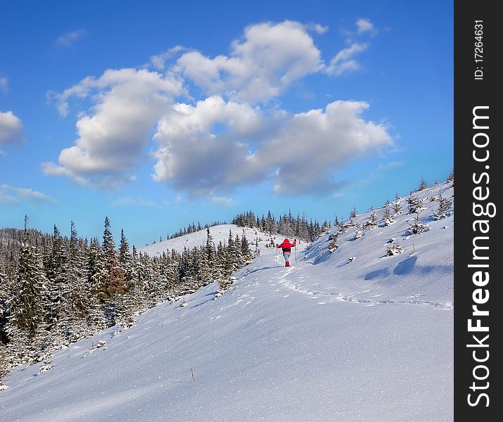 Winter landscape in mountains Carpathians, Ukraine and a valley with huts