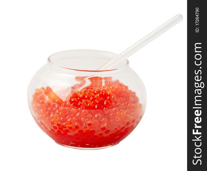Jar with salmon caviar isolated on white