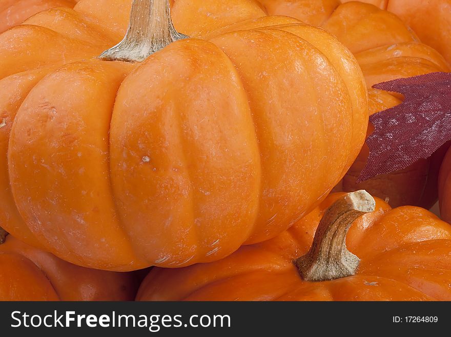 Small orange pumpkins symbolising autumn holidays and used in decorative works.