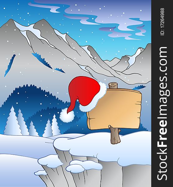 Christmas board in winter landscape - illustration.