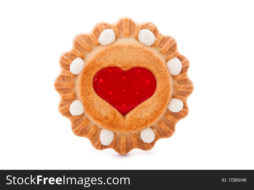Close up shot of red cookie isolated on white