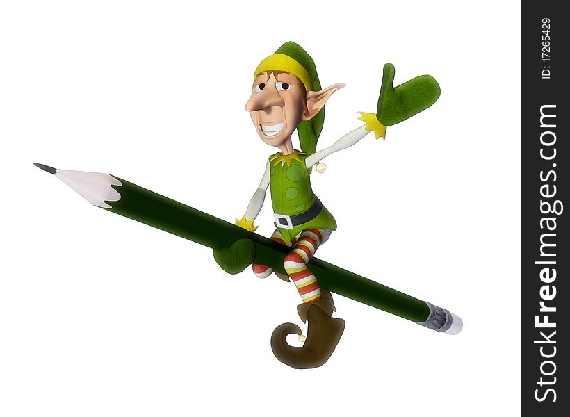 The santa helper is flying on the pencil. The santa helper is flying on the pencil