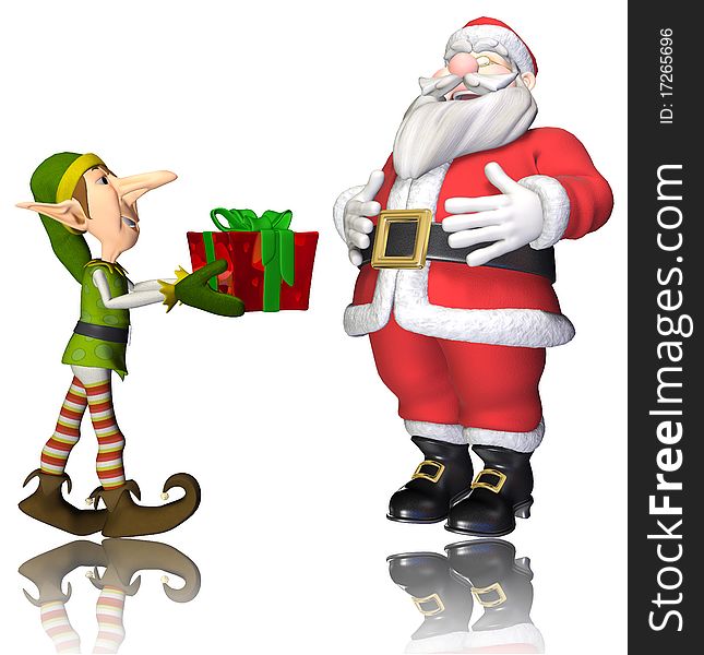 Santa And Elf Cartoon Passing The Present