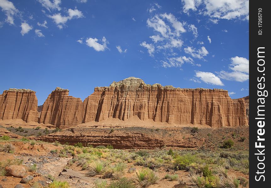 View of the red rock formations in Capitol Reef National Park with blue sky�s and clouds