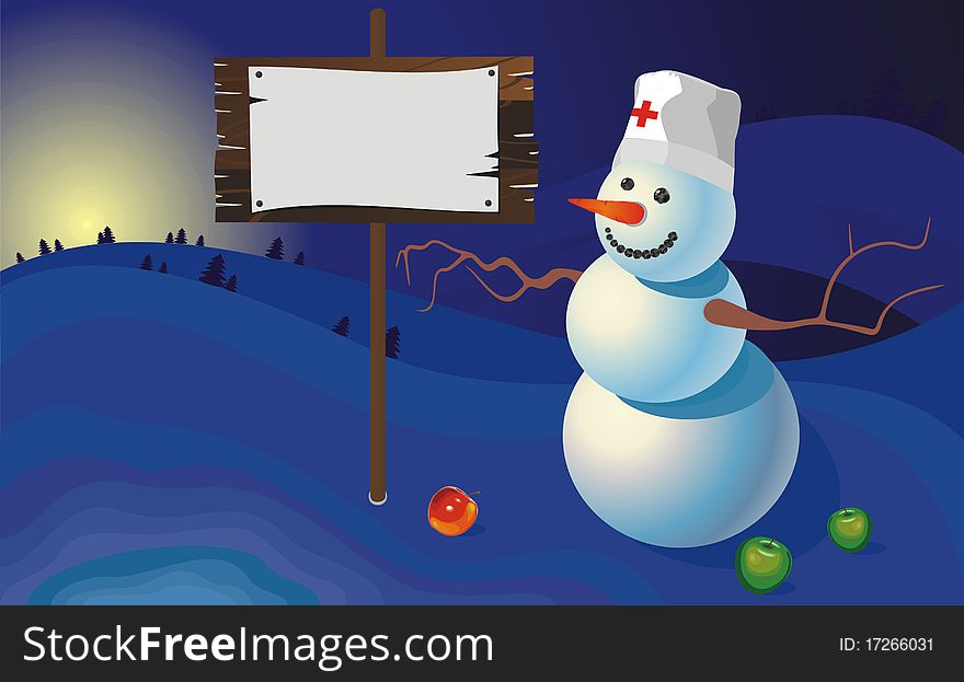 Vector illustration winter landscape snowman doctor