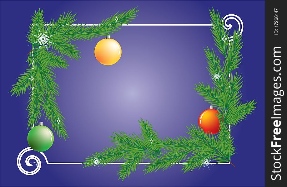 Christmas frame with tree branches and the stars and balls.