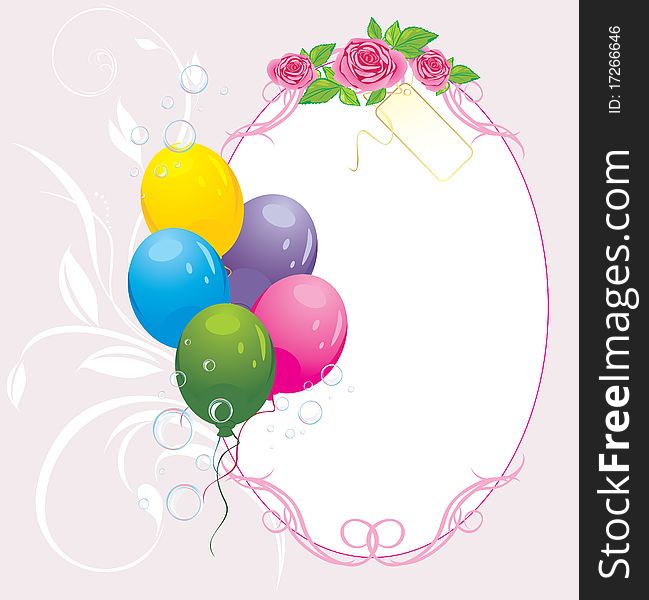 Colorful balloons with bouquet of roses. Card