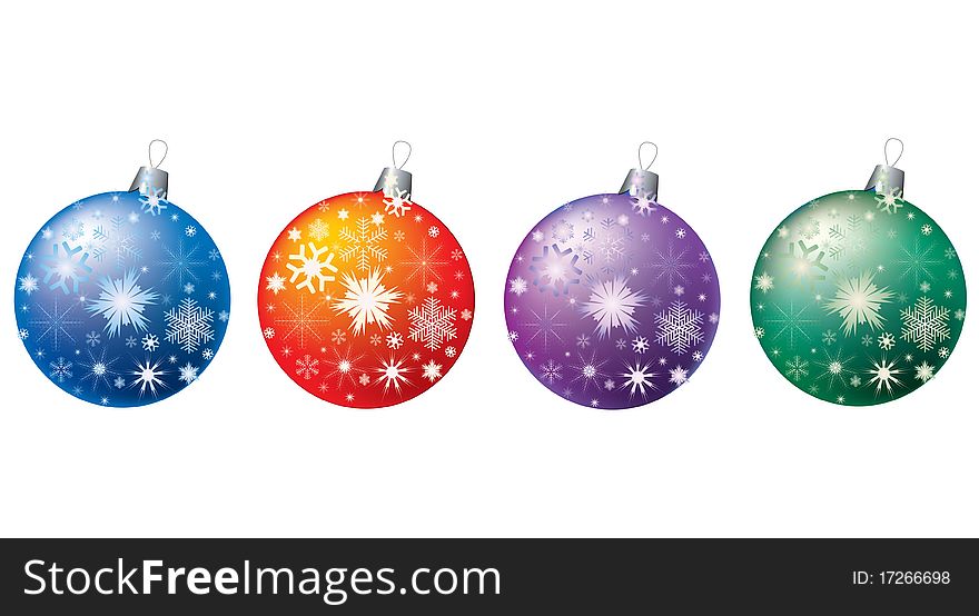 Colored balls with snowflakes on a white background. Colored balls with snowflakes on a white background.