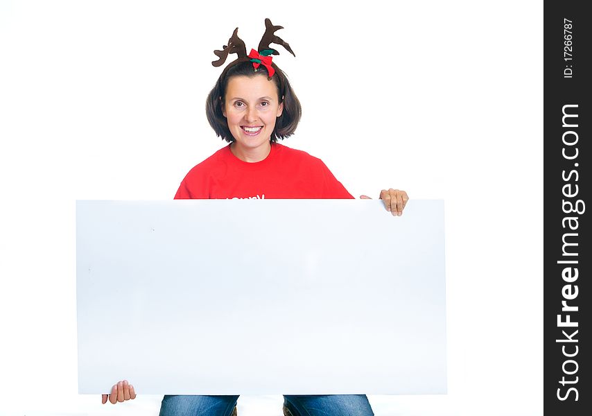 Isolated Christmas Woman Looking At A Blank Sign