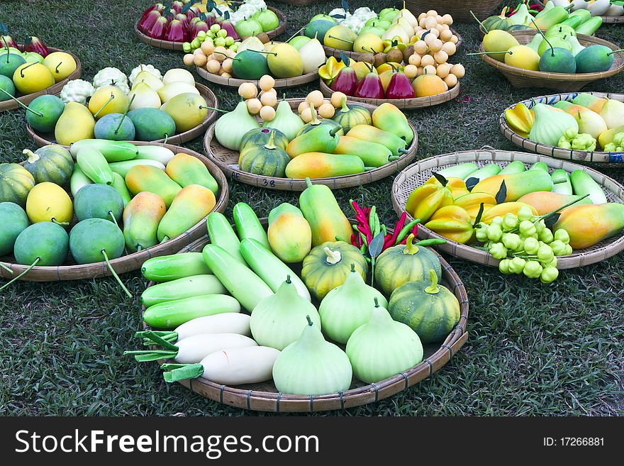 Vegetables fruit Thai model in the threshing basket on the lawn. Vegetables fruit Thai model in the threshing basket on the lawn