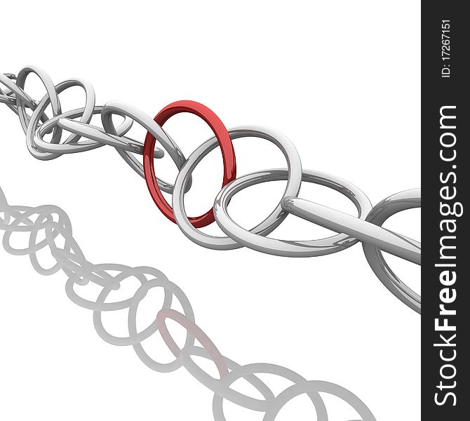Chain of round links one of which is red. 3d computer modeling. Chain of round links one of which is red. 3d computer modeling