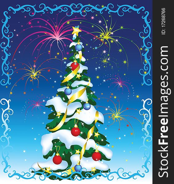 Greeting card with Christmas tree on abstract background