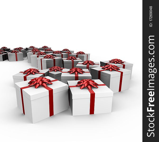 Many Gifts With Red Ribbon - 3d Image