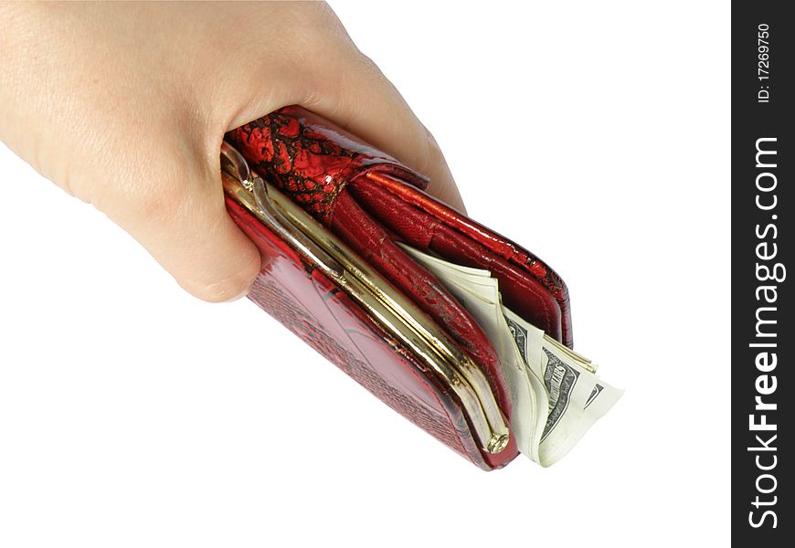 Hand with purse feminine red on white background