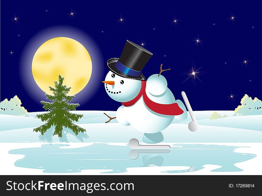 Illustration, merry snowman rides on skates on ice