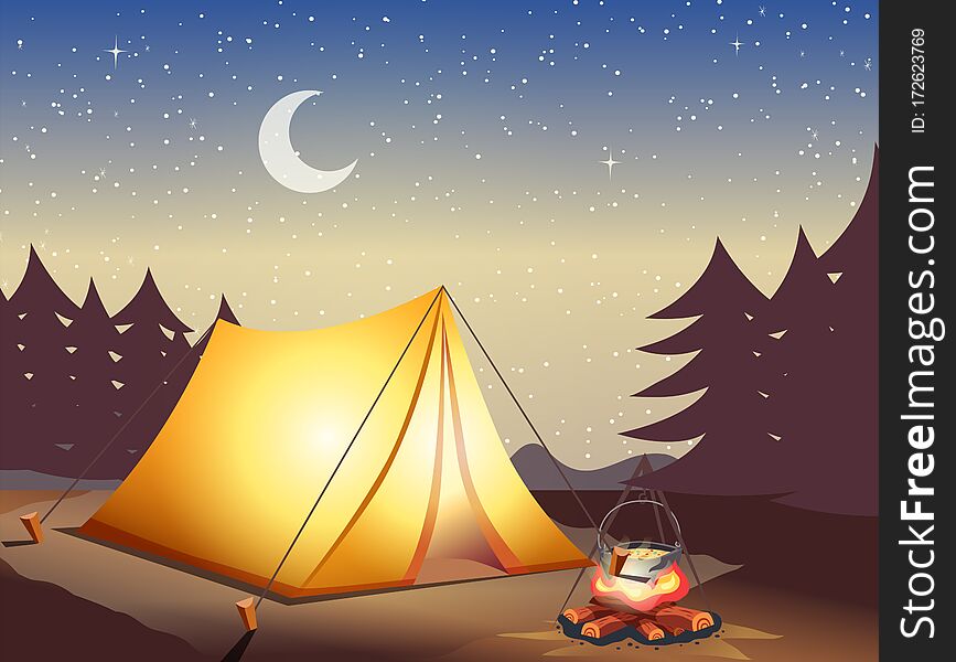 Vector horizontal banner with night mountains, campfire, tent, moon and stars. Camping stock background forest riverbanks. Landscape advertisement for recreation tourism. Summer suitcases bonfire