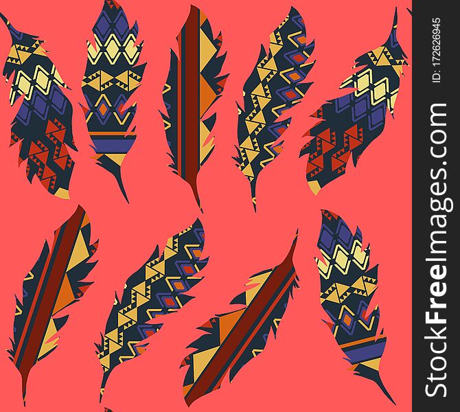 Feather seamless pattern. It is located in swatch menu, vector image. Colorful texture for design surfaces